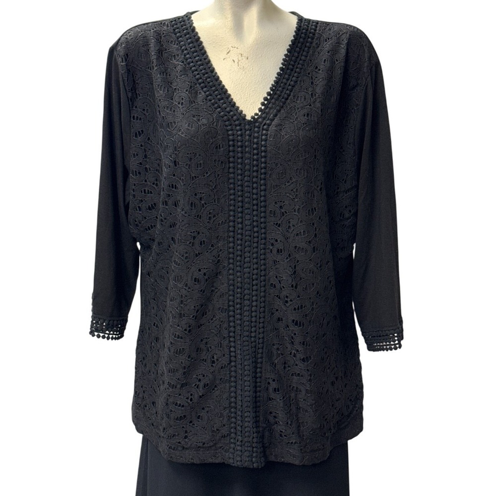 Shannon Ford New York Black Lace Trim Long‎ Sleeve Top 2X Plus Size